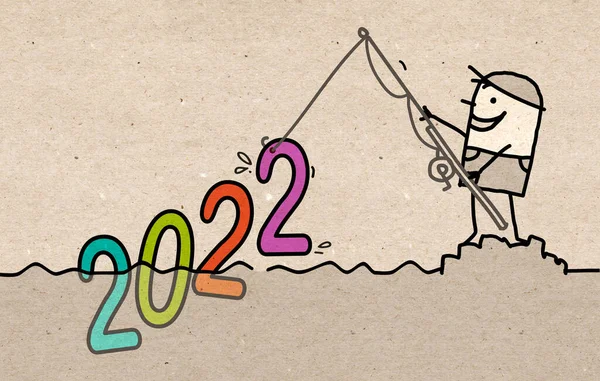 Cartoon Man Ψάρεμα Ένα Μεγάλο Χρωματιστό 2022 Σημάδι Καφέ Υφή — Φωτογραφία Αρχείου