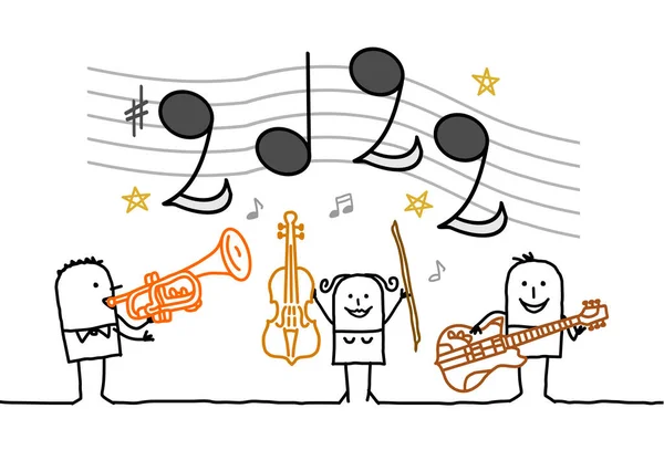 Hand Dras Cartoon Musiker Spela Musik Och 2022 Anteckningar — Stock vektor
