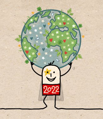 Karikatür 2022 Süper Kahraman Dünyayı Taşıyor, Doğal ve Barışçıl - Kahverengi kağıt dokusu