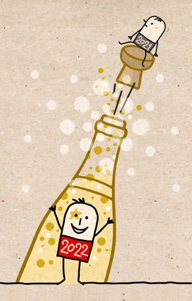 Karikatur 2022 Mann Mit Einer Champagnerflasche Und Einem Kleinen Kerl — Stockfoto