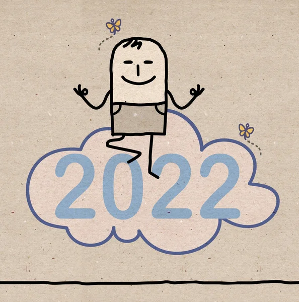 Cartoon Yoga Man Entspannen Auf Einer Wolke 2022 Braune Papiertextur — Stockfoto