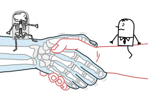 Mão Desenhado Cartoon Man Esqueleto Reunião Grande Aperto Mão — Vetor de Stock