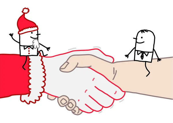 手描き漫画サンタとビジネスマン会議で大きな握手 — ストックベクタ