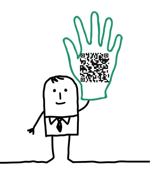 Handgezeichneter Cartoon Man Zeigt Code Seiner Erhobenen Hand — Stockvektor