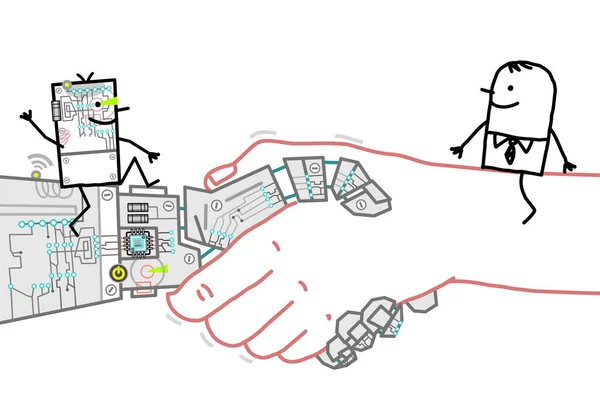 Χειρόγραφη Cartoon Businessman Και Robot Συνάντηση Μια Μεγάλη Χειραψία — Διανυσματικό Αρχείο