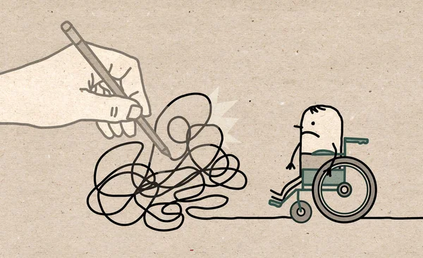 Hand Gezeichnet Big Drawing Hand Mit Cartoon Behinderten Mann Wirrwarr — Stockfoto