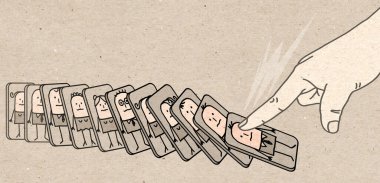 Büyük insan parmağı çizilmiş. Çizgi filmdeki insanları baskı altına alıyor. Domino etkisi gibi.