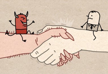 Karikatür işadamı ve şeytan el sıkışıyorlar.