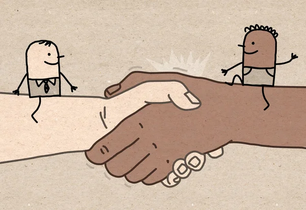 Hand Drawn Cartoon Black White Men Meeting Big Handshake — Fotografia de Stock