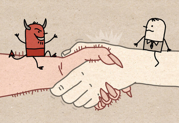 hand drawn Cartoon Businessman and Devil, sitting on a big Handshake