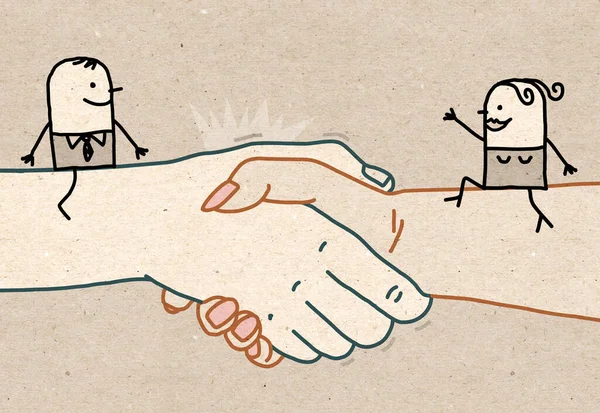 Hand Drawn Cartoon Woman Man Meeting Big Handshake — Stock Photo, Image