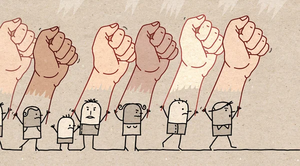 Рука Намалювала Мультфільм Протестуючи Людей Великими Багатоетичними Піднятими Кулаками — стокове фото