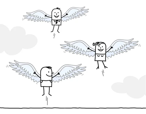 Hand Drawn Cartoon Free People Flying Wings — Stockvector