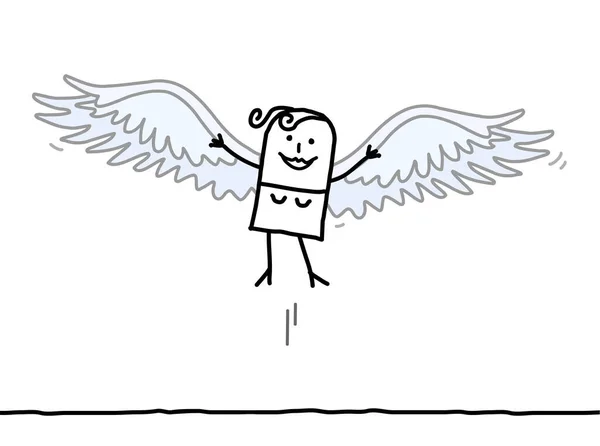 Hand Drawn Cartoon Free Woman Flying Wings — Stockvector