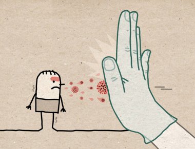 Hand drawn Cartoon man infected with Virus and big Doctor hand stopping germs