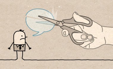 Hand drawn big Hand, cutting off the Speech of a Cartoon Man