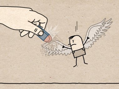 Hand drawn big Hand, Erasing the Wings of a Cartoon Man