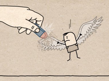 Hand drawn big Hand, Erasing the Wings of a Cartoon Man clipart