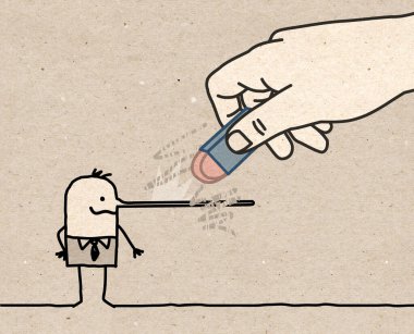 Hand drawn Big Hand, Erasing the Long Nose of a Liar Businessman