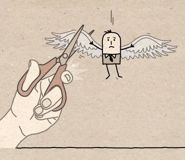 Hand Drawn Big Hand Cutting Wings Cartoon Man — Zdjęcie stockowe