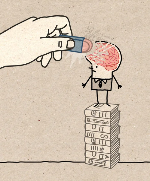 Hand Drawn Big Hand Erasing Brain Cartoon Erudite Man — 图库照片