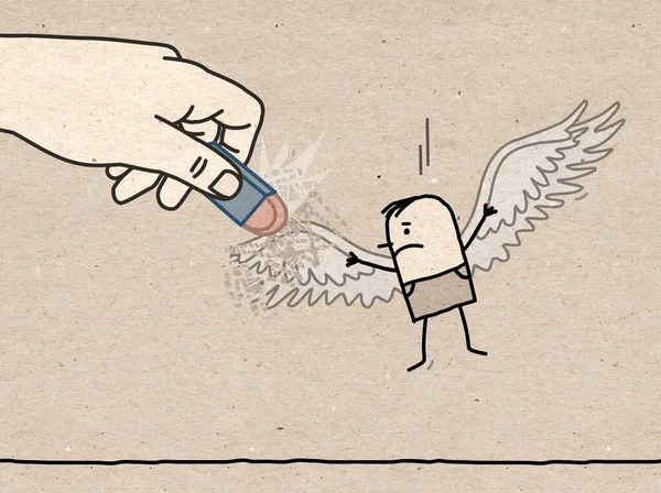 Hand Drawn Big Hand Erasing Wings Cartoon Man — Stockfoto