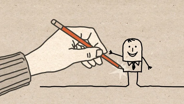 Cartoon Businessman Designed Big Human Hand Pencil — стоковое фото