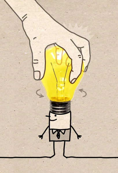Cartoon Businessman Big Human Hand Fixes Light Bulb His Head — Stock Photo, Image