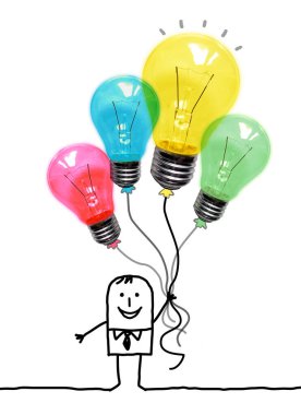 Hand drawn cartoon man with big colorful Balloons- light bulbs