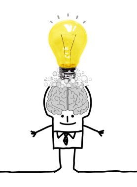 Hand drawn cartoon big Brain Man with Light bulb over his head