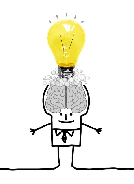Hand Drawn Cartoon Big Brain Man Light Bulb His Head — Fotografia de Stock