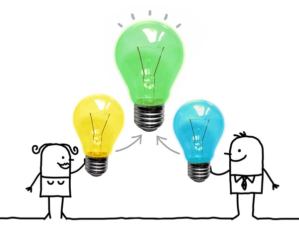 Hand Drawn Cartoon Couple Creating New Idea Light Bulbs — Stok fotoğraf