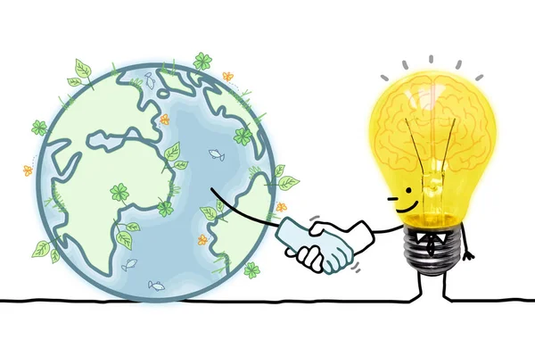 Hand Drawn Cartoon Light Bulb Shaking Hand Earth — 图库照片