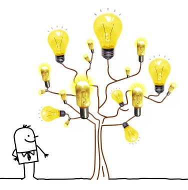 Hand drawn Cartoon Businessman Watching a Light Bulbs Tree