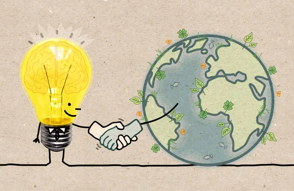 Hand Drawn Cartoon Light Bulb Shaking Hand Earth — 图库照片