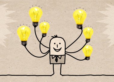 Hand drawn Cartoon Man with many Arms, holding many Light bulbs