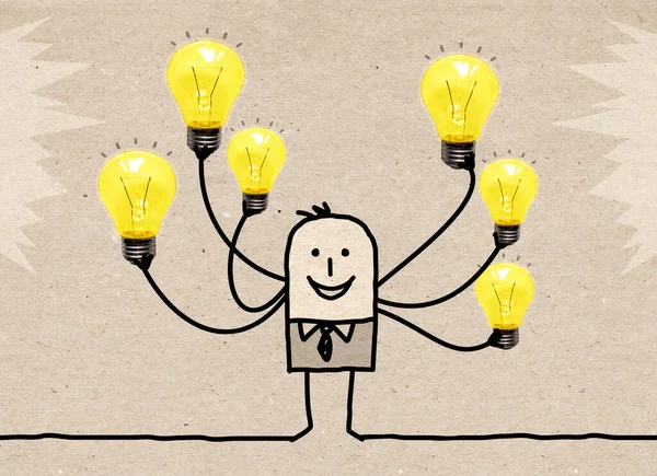 Hand Drawn Cartoon Man Many Arms Holding Many Light Bulbs — Stok fotoğraf