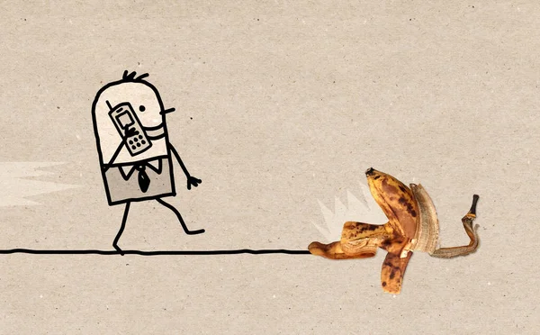 Desenhado Mão Cartoon Man Com Celular Caminhando Para Uma Casca — Fotografia de Stock