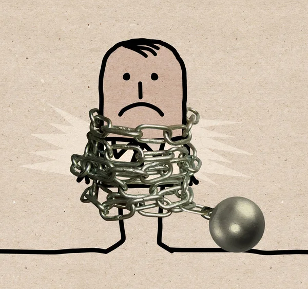 Handgezeichneter Cartoon Man Gefangener Einer Metallkette Und Kugel — Stockfoto