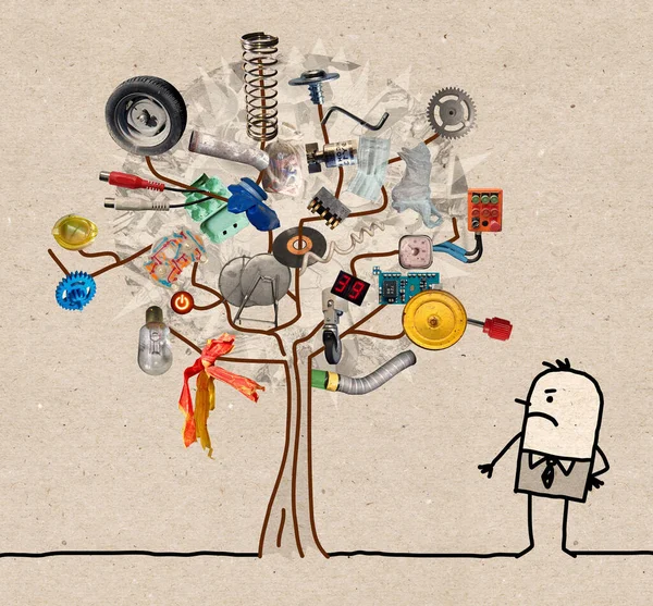 Homem Dos Desenhos Animados Desenhado Mão Assistindo Uma Árvore Lixo — Fotografia de Stock