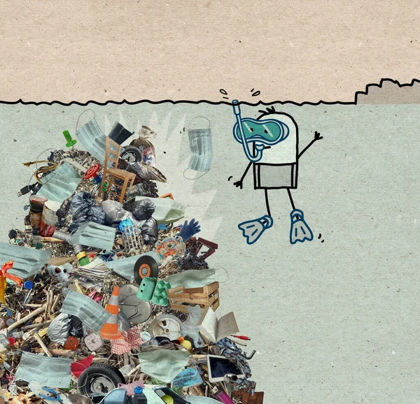 Ζωγραφισμένα Στο Χέρι Cartoon Καταδύσεις Άνθρωπος Ένα Μεγάλο Σωρό Σκουπίδια — Φωτογραφία Αρχείου