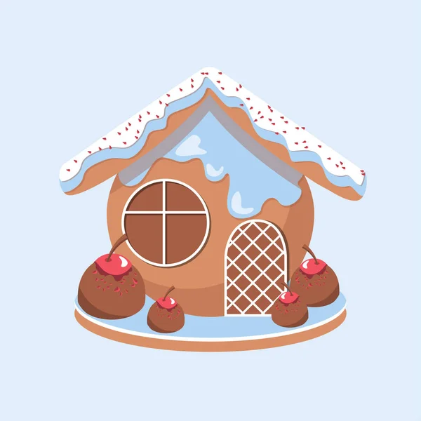 Penceresi ve kapısı olan zencefilli kurabiye evi, mavi krema, kirazlı şeker, Noel için şeker.