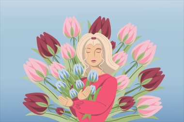 Anneler günü için tebrik kartı. Bir kızın olduğu kartpostallar, elinde çiçekler, kadın bayramı.