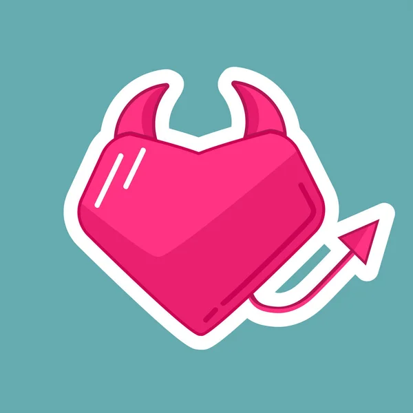 Vektör Sevgililer Günü çıkartması, pembe şeytan şeklinde kalp, mızrak kuyruğu, sevimli şeytan.