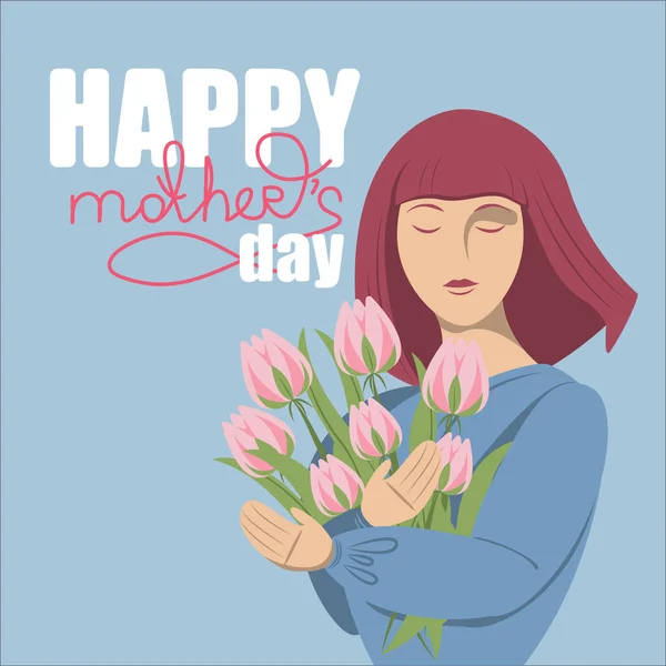 Anneler günü için tebrik kartı. Annenin vektör illüstrasyonu, elinde çiçekler olan tebrik kartı.