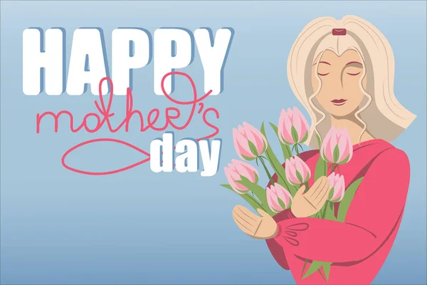 Anneler günü için tebrik kartı. Vektör illüstrasyonu, bir kızın olduğu kartpostallar ve elinde çiçekler, kadın bayramı.