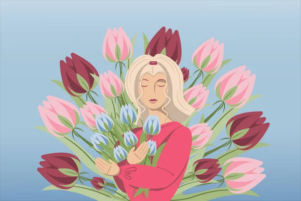 Anneler günü için tebrik kartı. Bir kızın olduğu kartpostallar, elinde çiçekler, kadın bayramı.