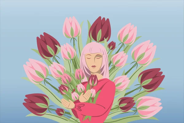 Anneler günü için tebrik kartı. Bir kızın olduğu kartpostallar, elinde çiçekler, kadın bayramı.