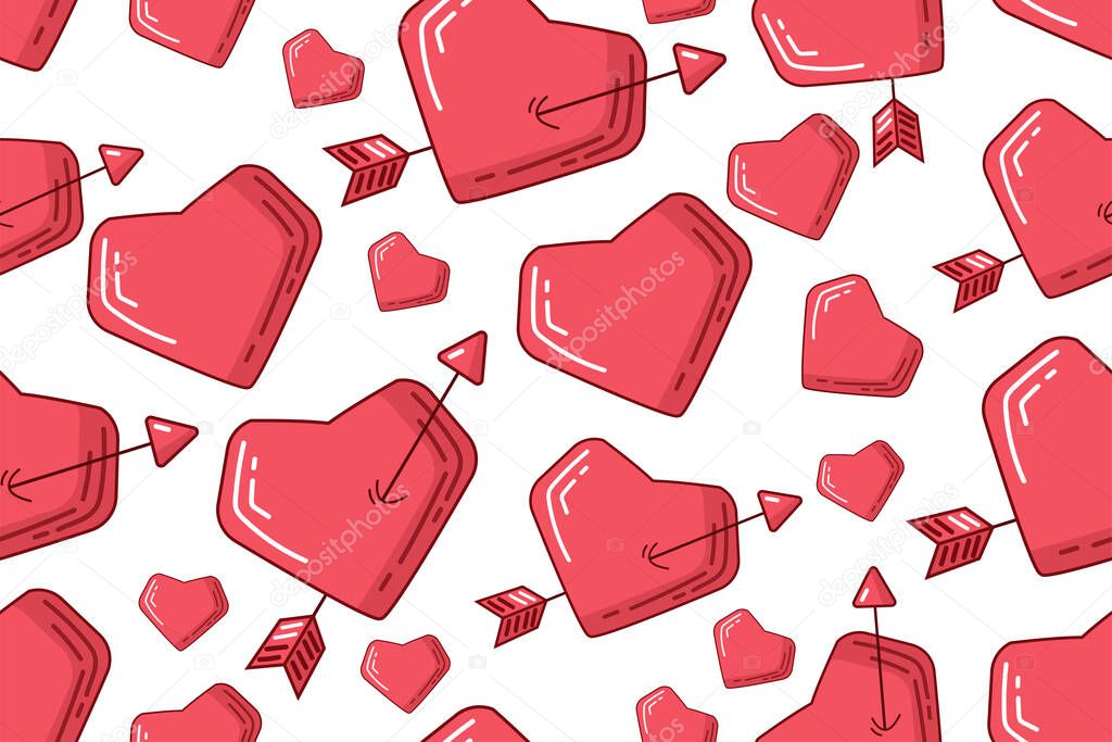 Valentines day vector seamless pattern with red hearts, arrow, broken heart, many hearts of different sizes