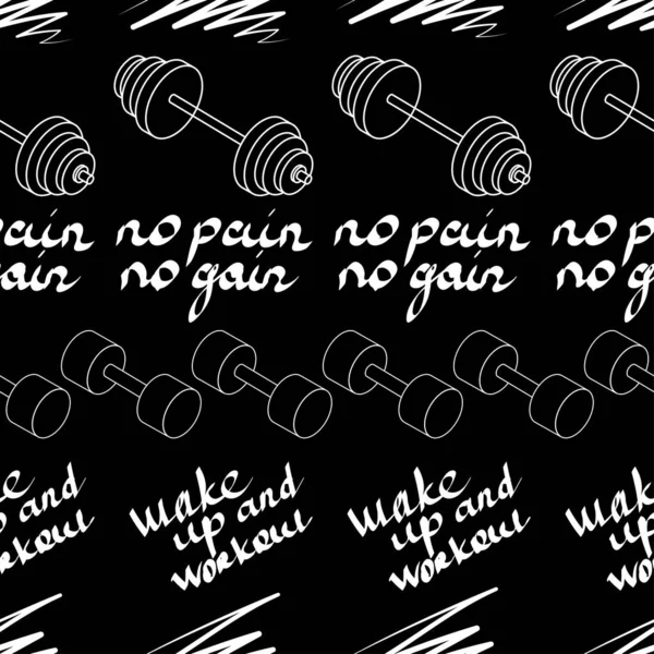 Tekstil, spor giyim, grafiti ve spor, motivasyon, halterler ve pantolonlar hakkındaki yazıtlar için siyah arkaplan beyaz çizgileri üzerine vektör deseni